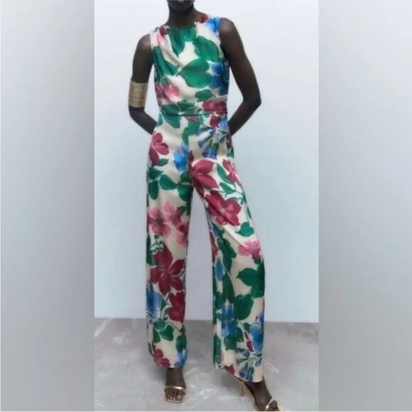 Zara NWT floral satin jumpsuit dress XS